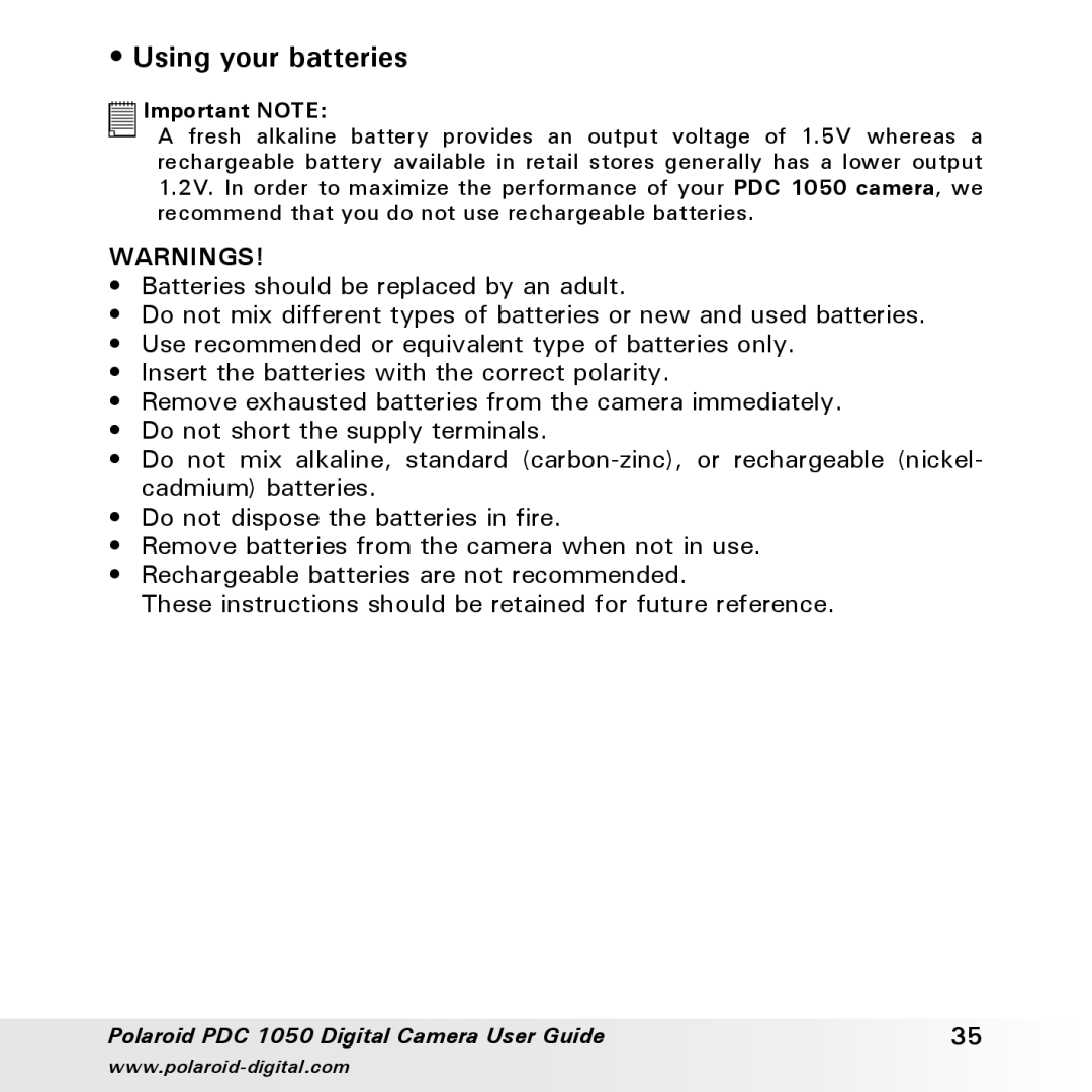 Polaroid PDC 1050 manual Using your batteries, Important Note 