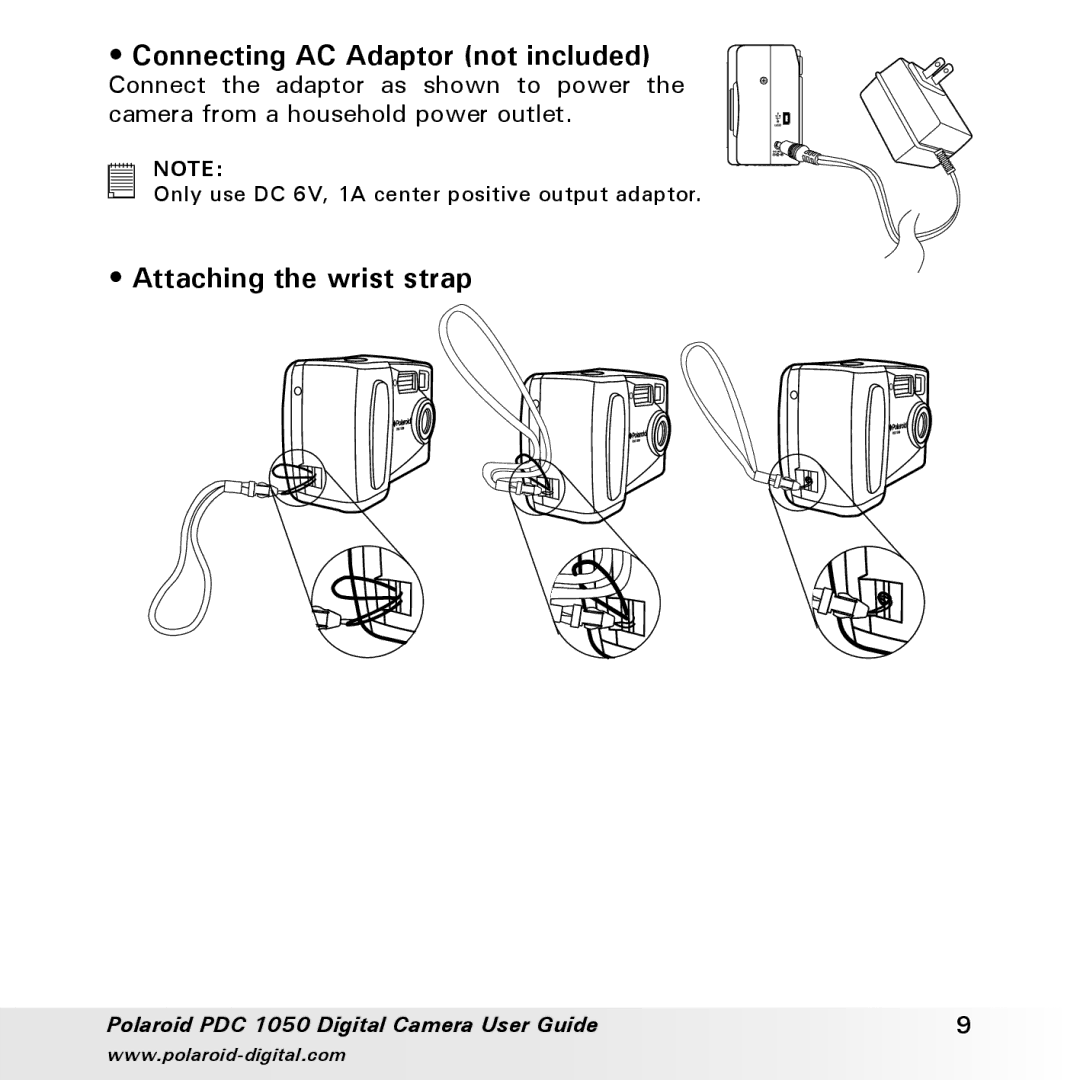 Polaroid PDC 1050 manual Connecting AC Adaptor not included, Attaching the wrist strap 