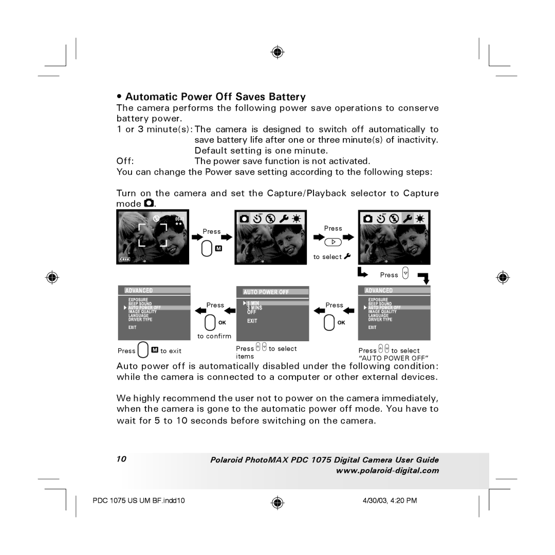 Polaroid PDC 1075 manual Automatic Power Off Saves Battery 