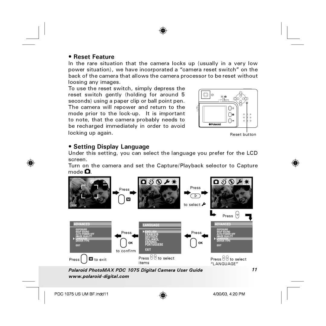 Polaroid PDC 1075 manual Reset Feature, Setting Display Language 