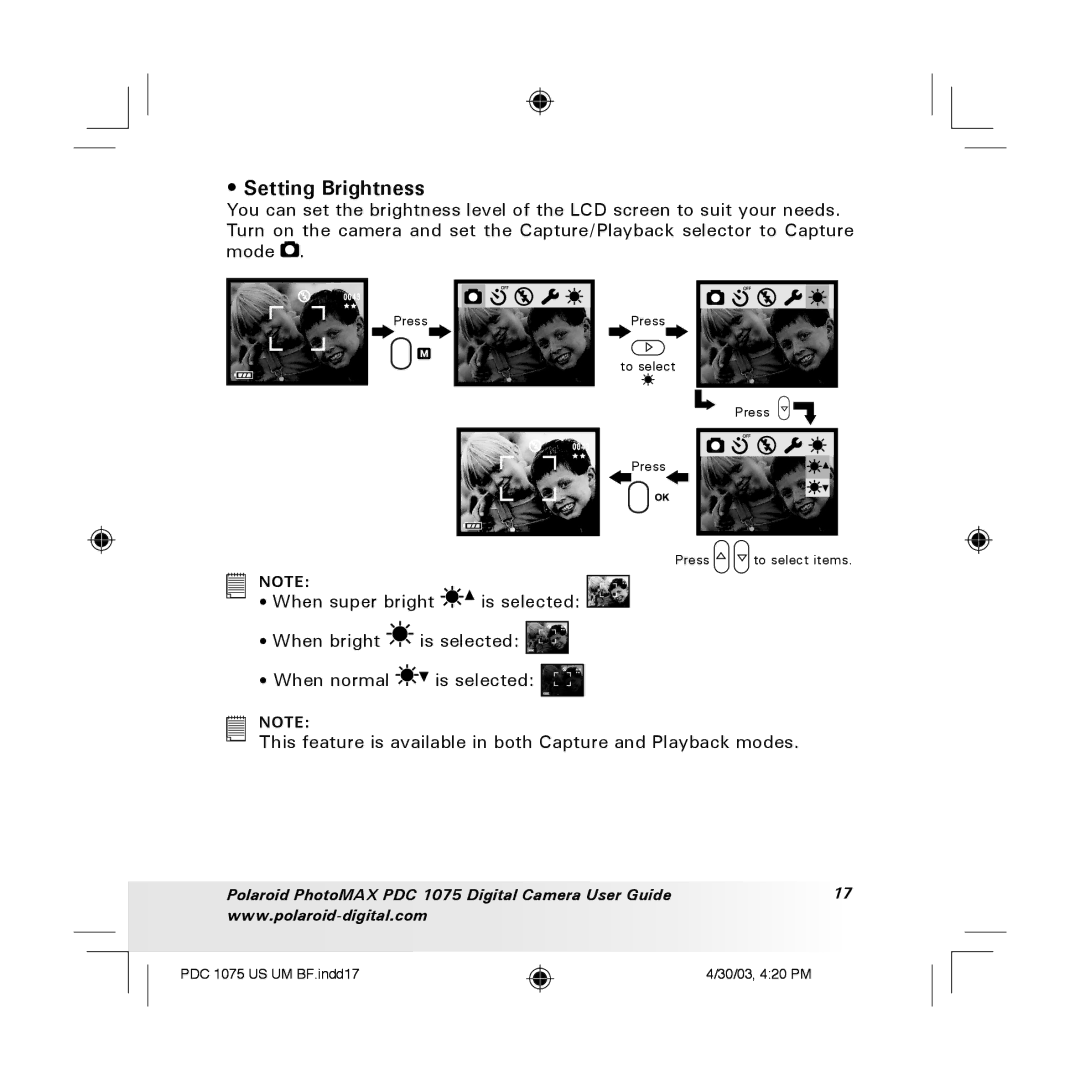 Polaroid PDC 1075 manual Setting Brightness 