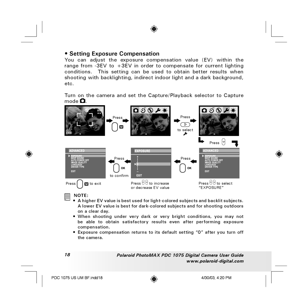 Polaroid PDC 1075 manual Setting Exposure Compensation 
