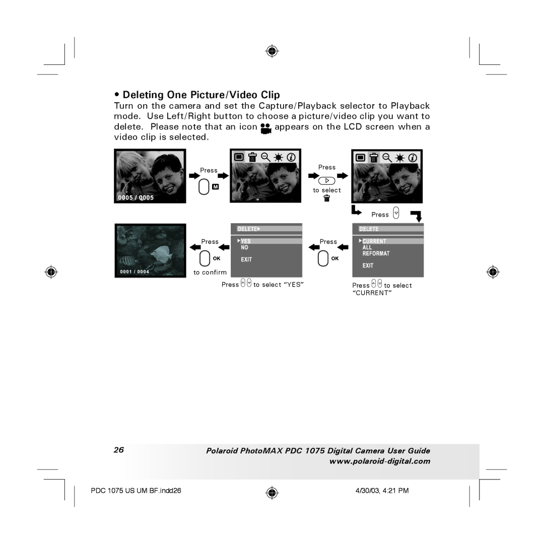 Polaroid PDC 1075 manual Deleting One Picture/Video Clip 