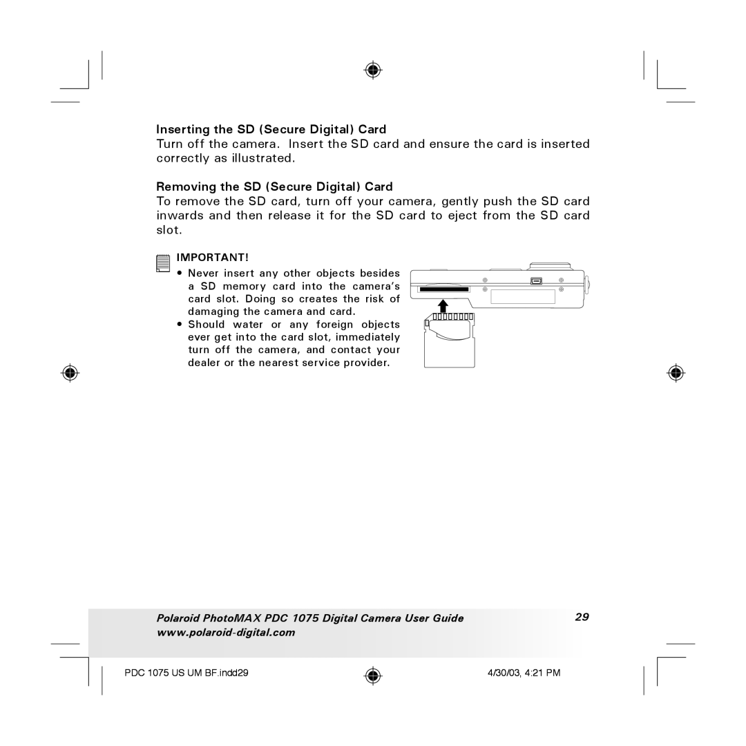 Polaroid PDC 1075 manual Inserting the SD Secure Digital Card, Removing the SD Secure Digital Card 