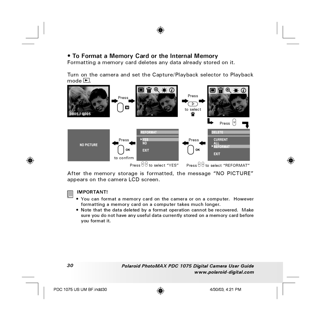 Polaroid PDC 1075 manual To Format a Memory Card or the Internal Memory 