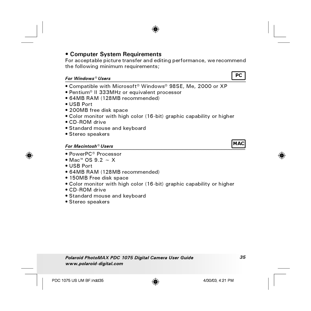 Polaroid PDC 1075 manual Computer System Requirements 