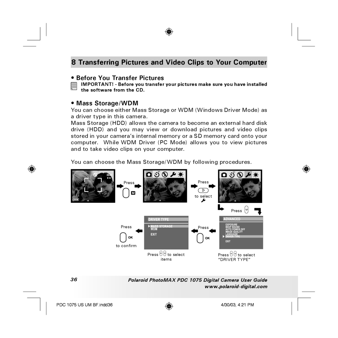 Polaroid PDC 1075 Transferring Pictures and Video Clips to Your Computer, Before You Transfer Pictures, Mass Storage/WDM 