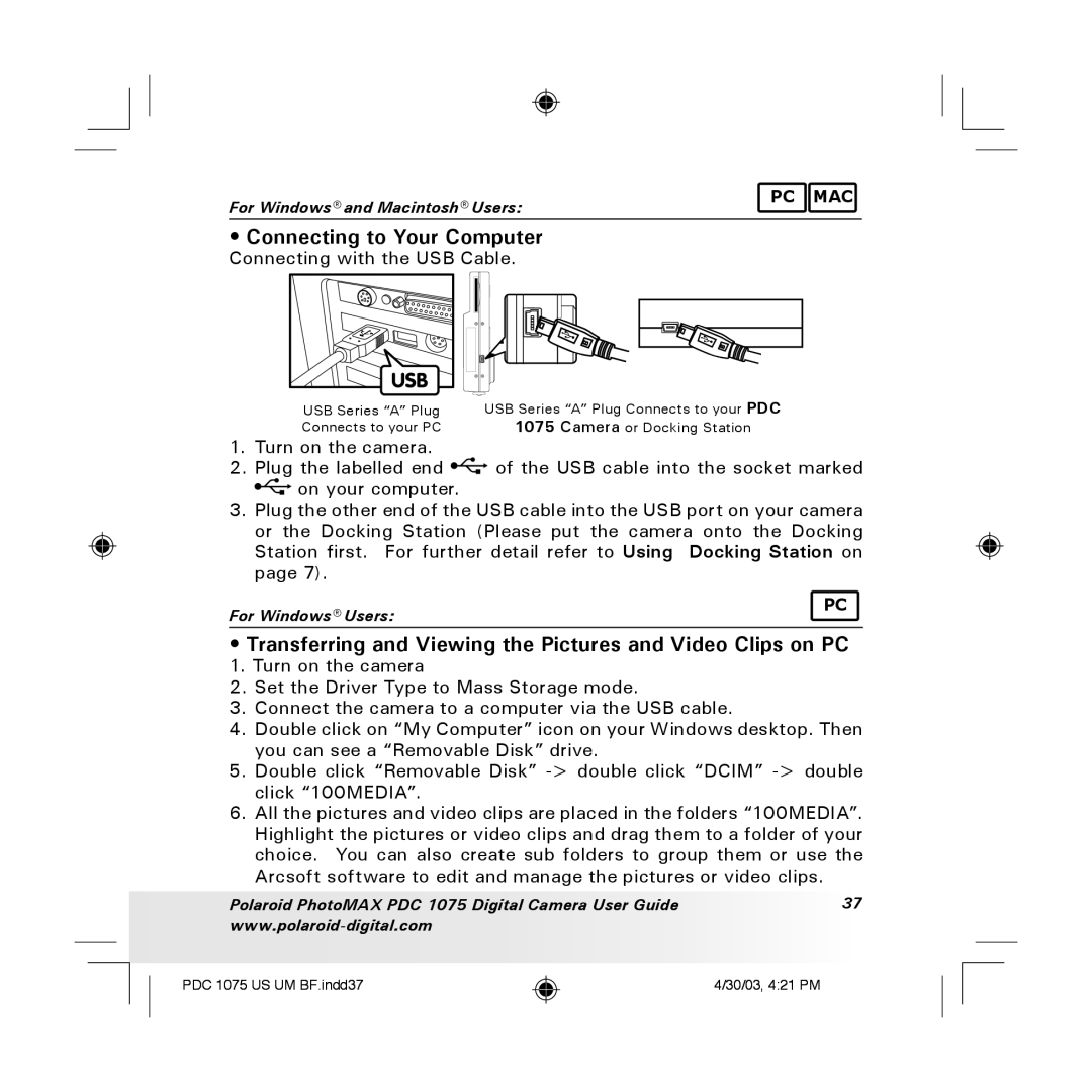 Polaroid PDC 1075 manual Connecting to Your Computer, Transferring and Viewing the Pictures and Video Clips on PC 
