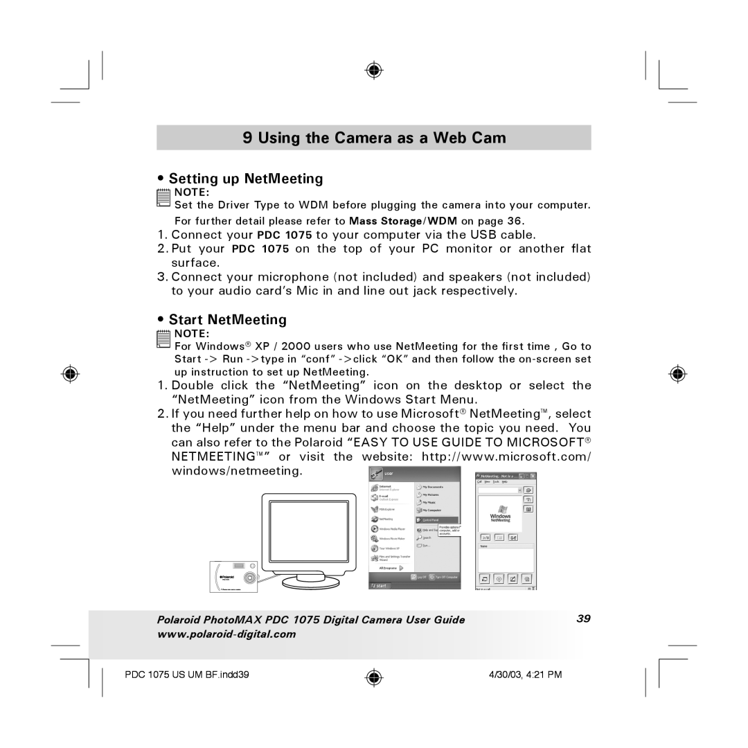Polaroid PDC 1075 manual Using the Camera as a Web Cam, Setting up NetMeeting, Start NetMeeting 