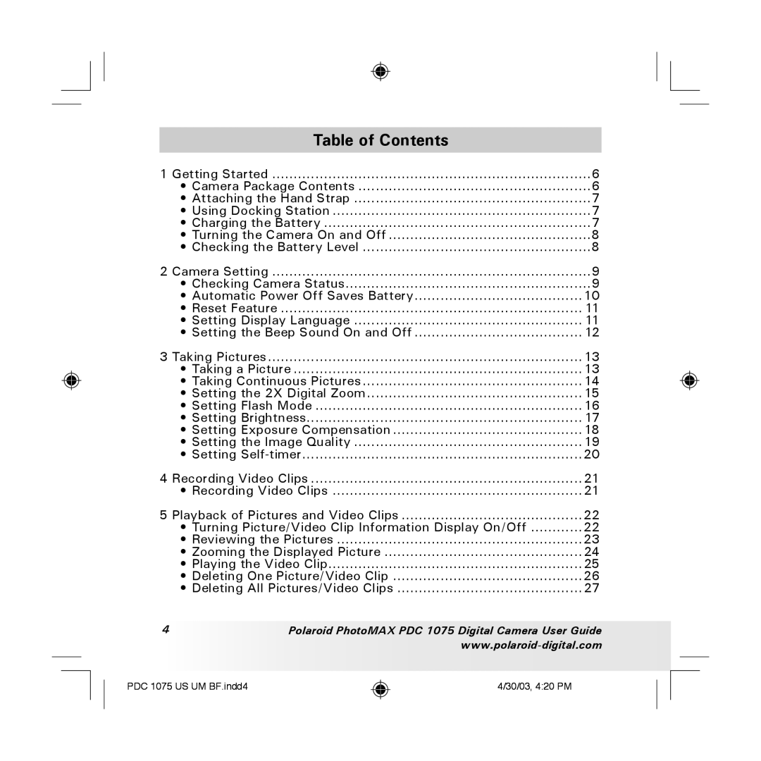 Polaroid PDC 1075 manual Table of Contents 