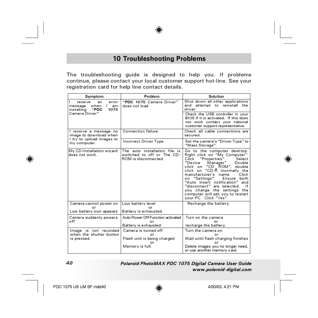 Polaroid PDC 1075 manual Troubleshooting Problems, Symptom Problem Solution 