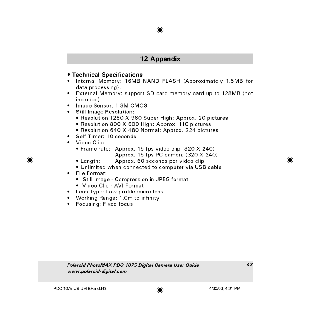 Polaroid PDC 1075 manual Appendix, Technical Specifications 