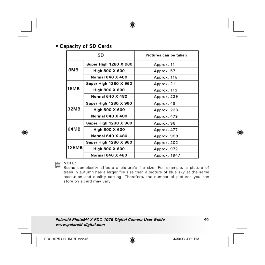 Polaroid PDC 1075 manual Capacity of SD Cards, 16MB, 32MB, 64MB, 128MB 