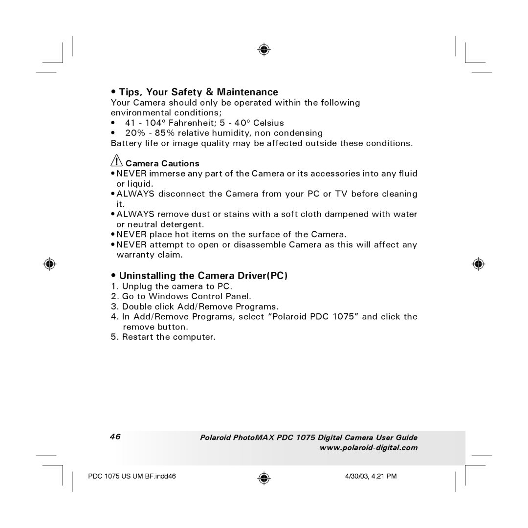 Polaroid PDC 1075 manual Tips, Your Safety & Maintenance, Uninstalling the Camera DriverPC, Camera Cautions 