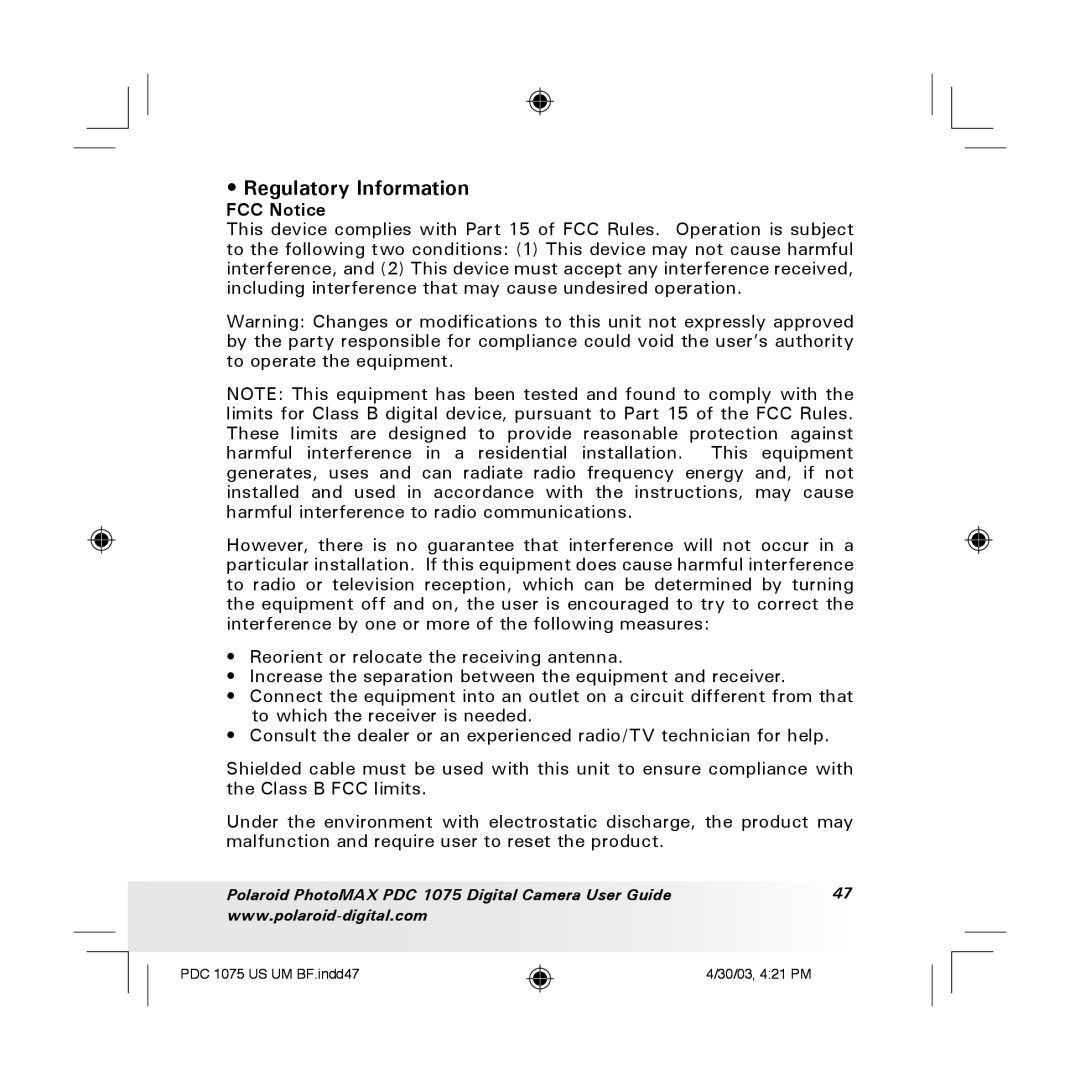 Polaroid PDC 1075 manual Regulatory Information, FCC Notice 