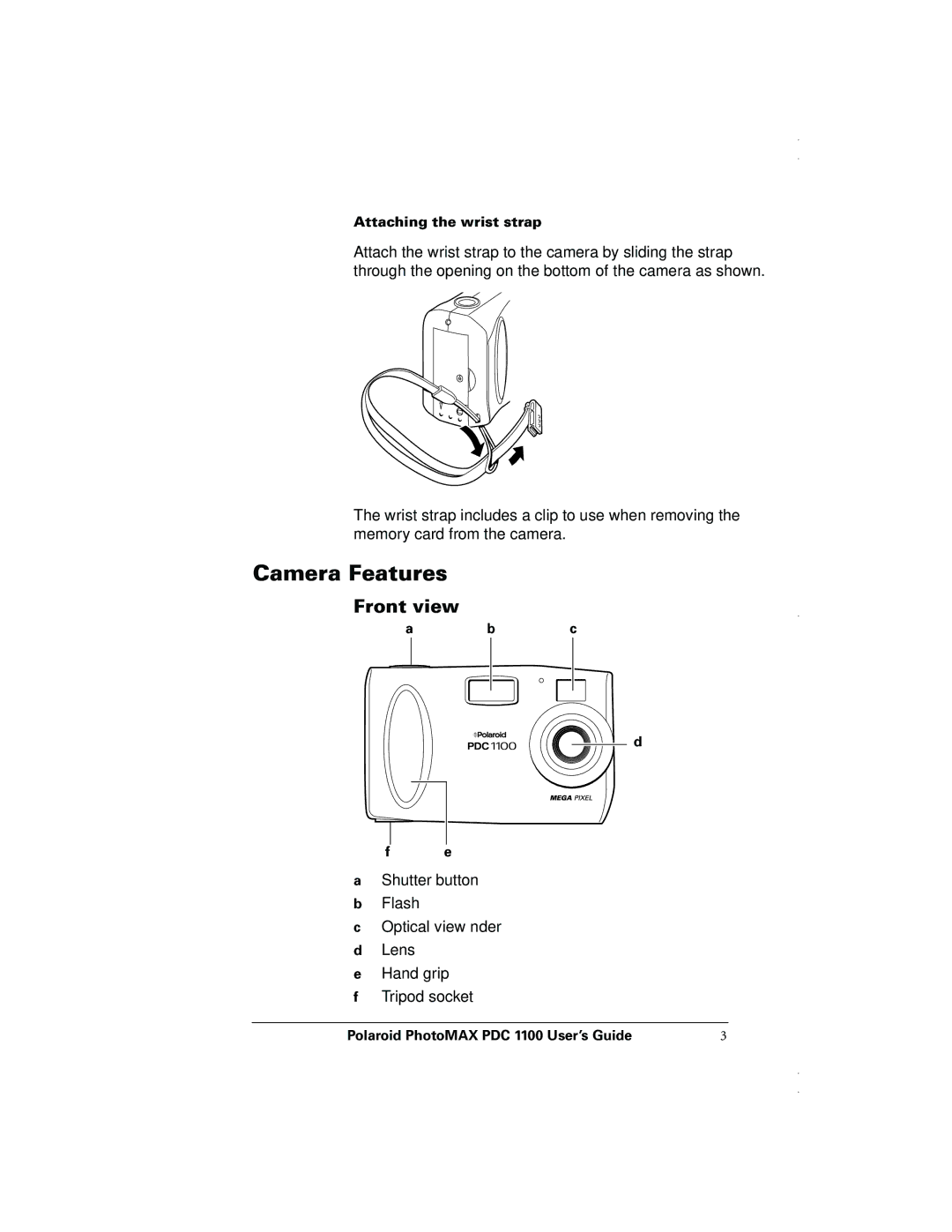 Polaroid PDC 1100 quick start Camera Features, Front view 