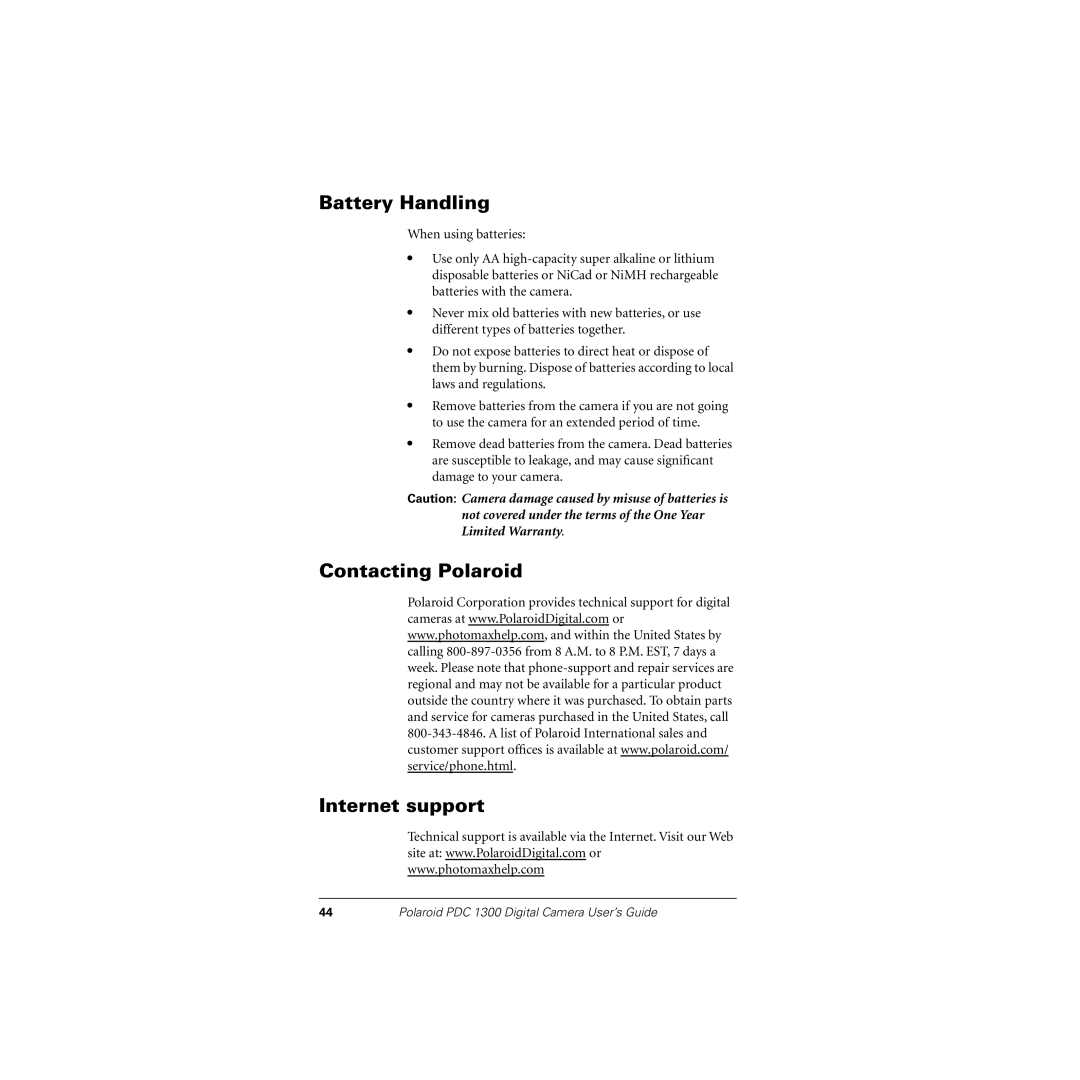 Polaroid PDC 1300 manual Battery Handling, Contacting Polaroid Internet support 