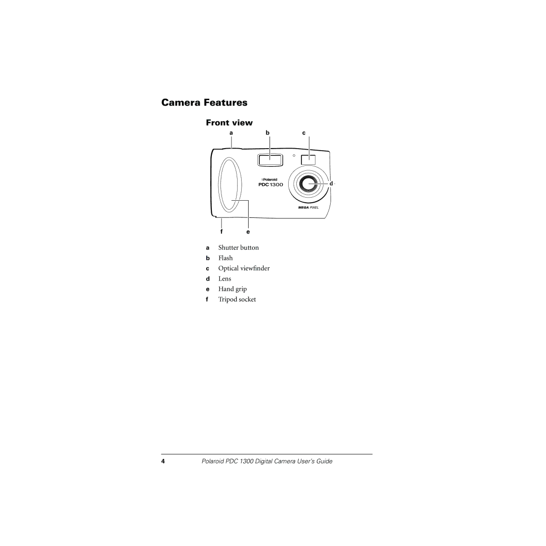 Polaroid PDC 1300 manual Camera Features, Front view 