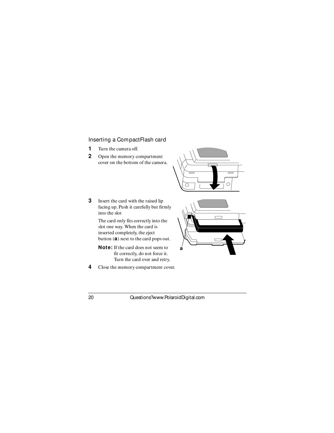Polaroid PDC 1320 manual Inserting a CompactFlash card 