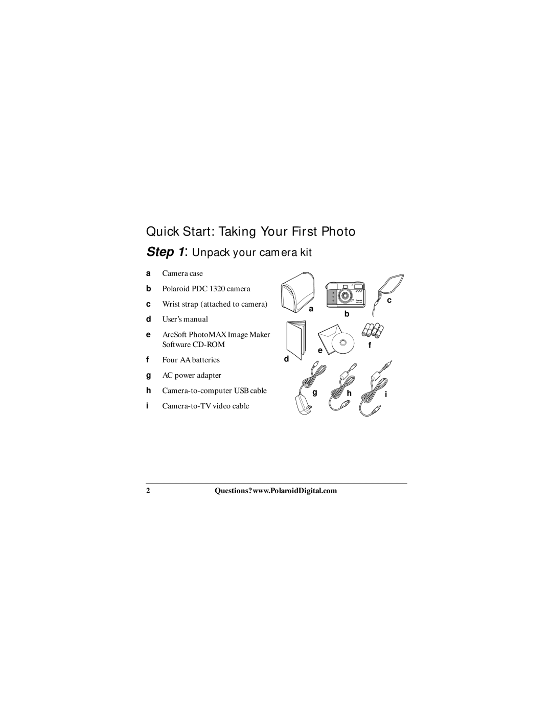 Polaroid PDC 1320 manual Quick Start Taking Your First Photo, Unpack your camera kit 