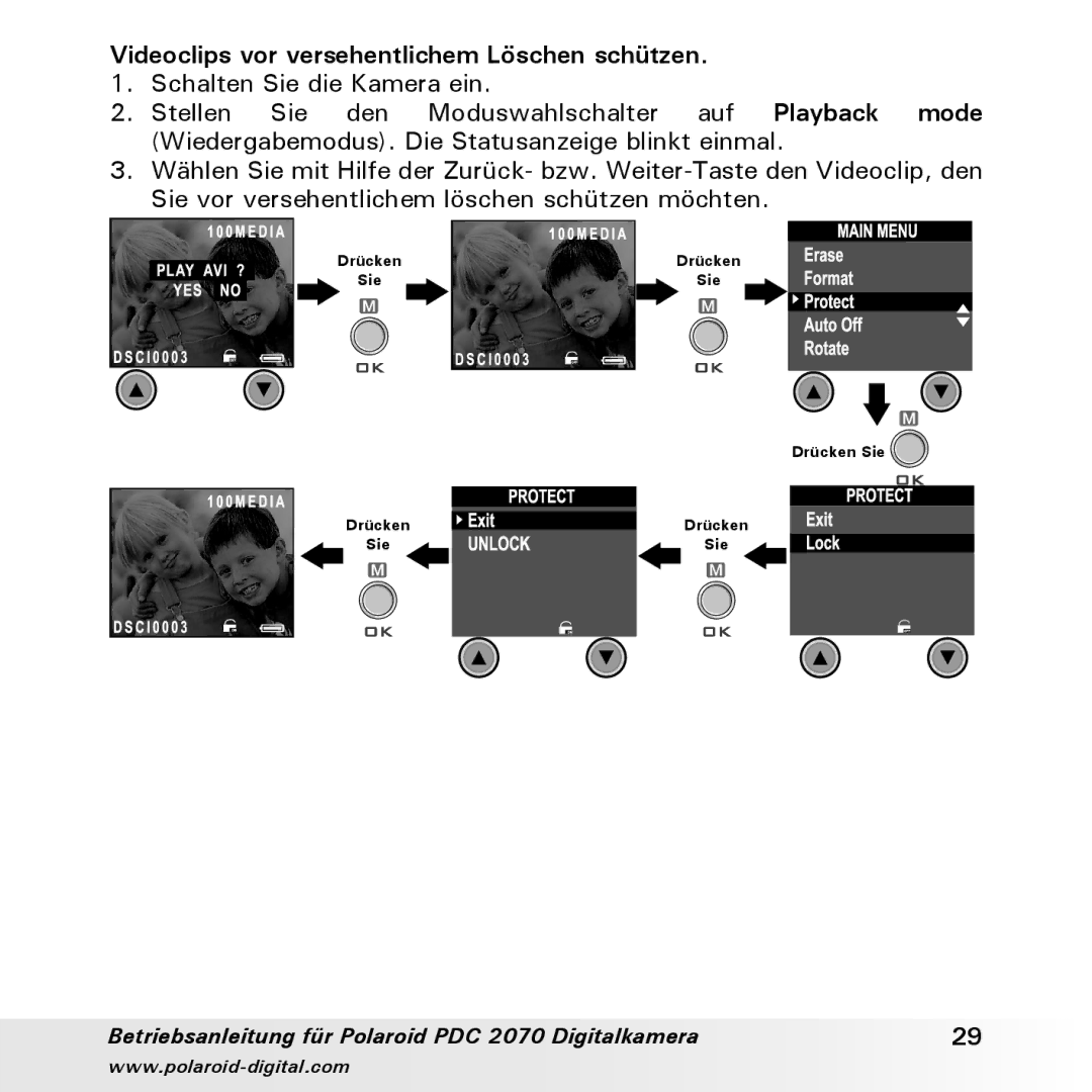 Polaroid PDC 2070 manual Videoclips vor versehentlichem Löschen schützen 