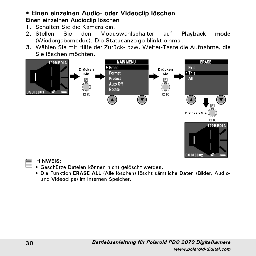 Polaroid PDC 2070 manual Einen einzelnen Audio- oder Videoclip löschen 