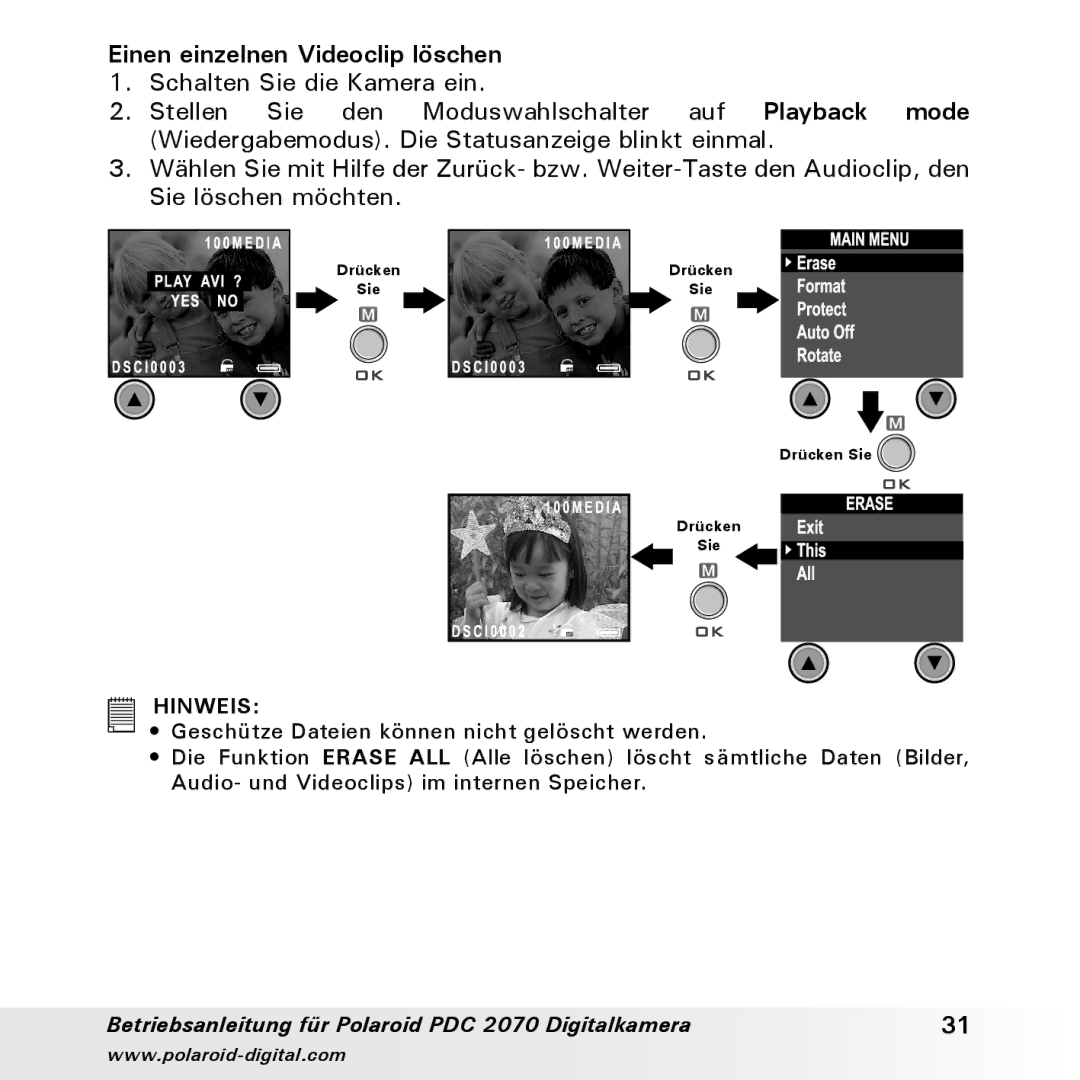 Polaroid PDC 2070 manual Einen einzelnen Videoclip löschen 