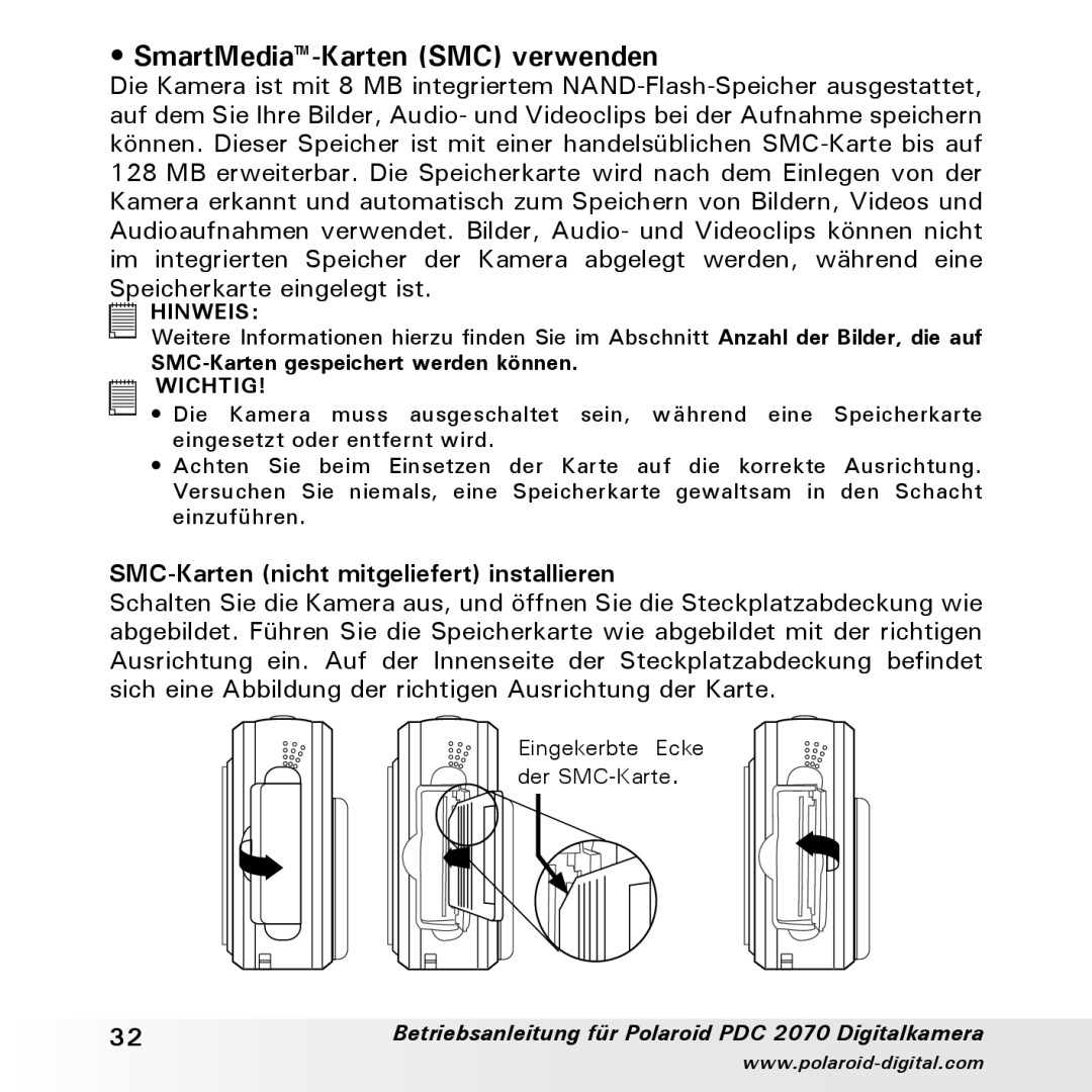 Polaroid PDC 2070 manual SmartMedia-Karten SMC verwenden, SMC-Karten nicht mitgeliefert installieren 