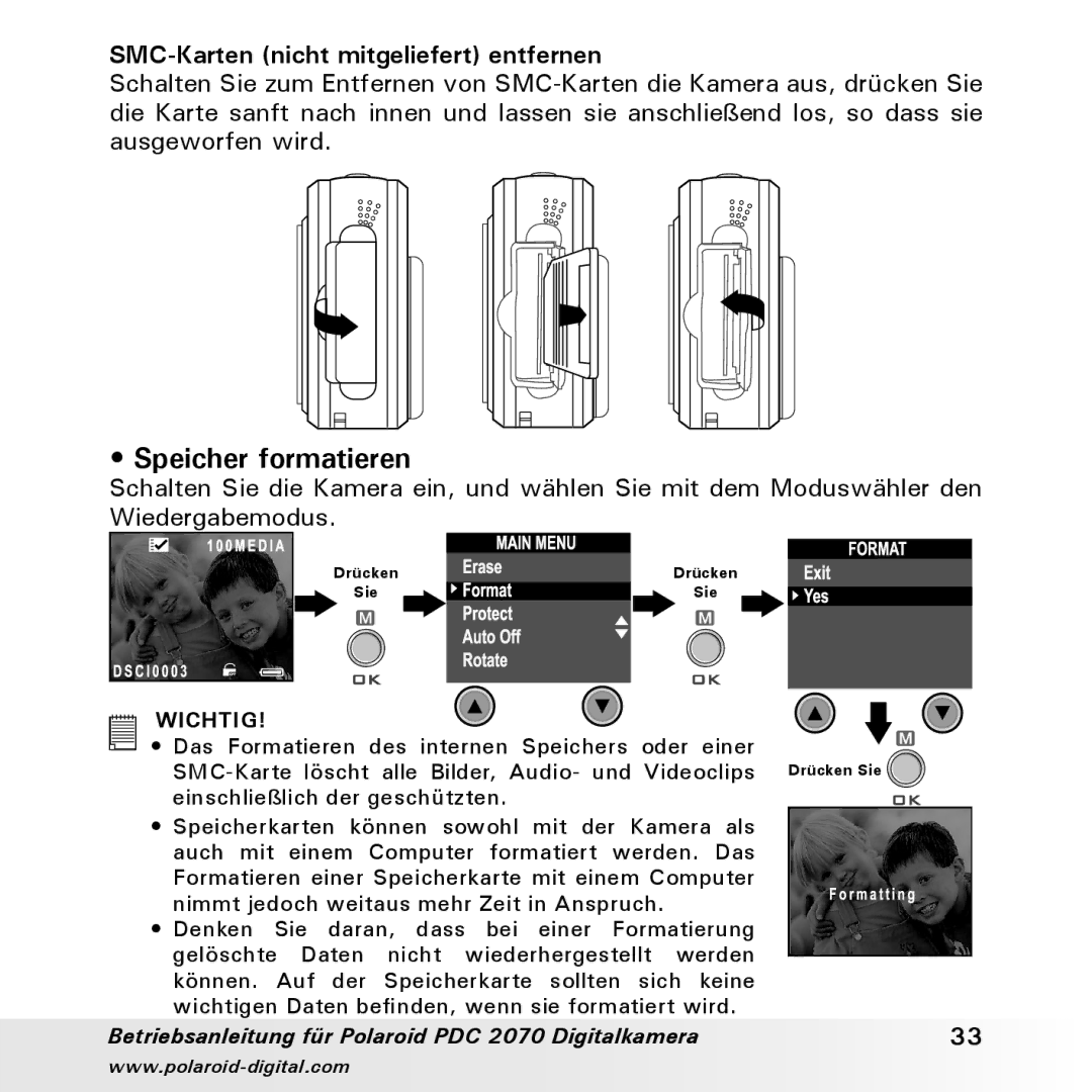 Polaroid PDC 2070 manual Speicher formatieren, SMC-Karten nicht mitgeliefert entfernen 