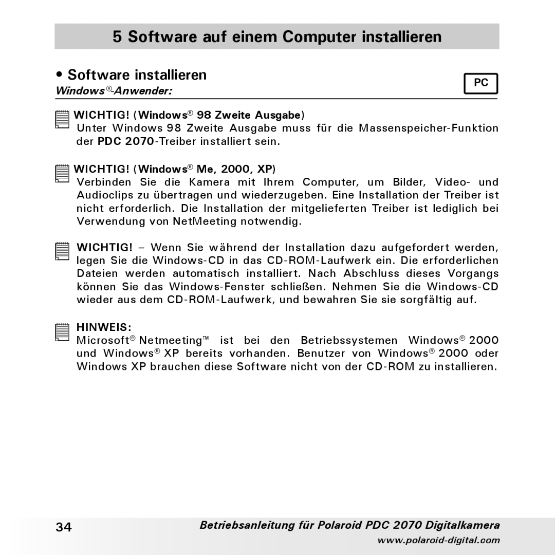 Polaroid PDC 2070 manual Software auf einem Computer installieren, Software installieren 