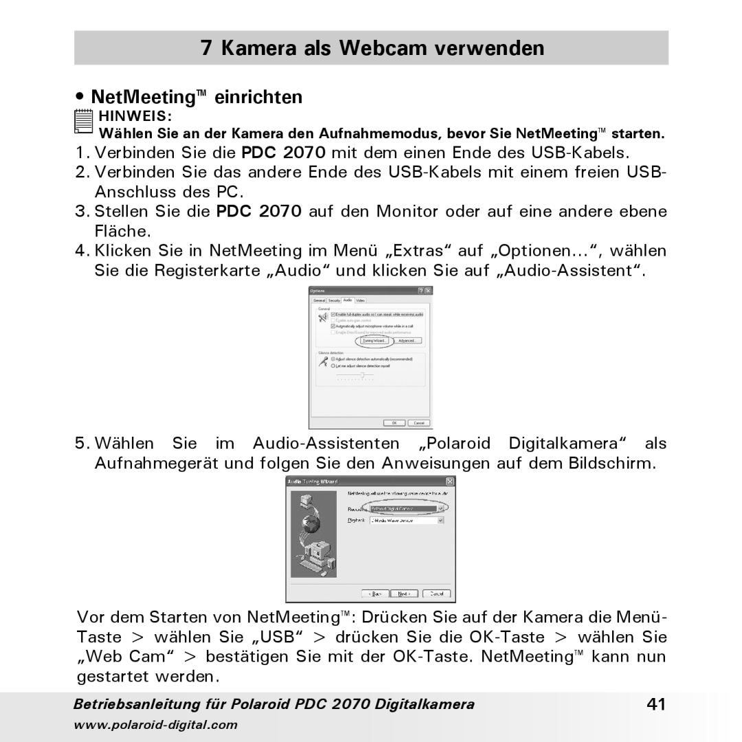 Polaroid PDC 2070 manual Kamera als Webcam verwenden, NetMeeting einrichten 