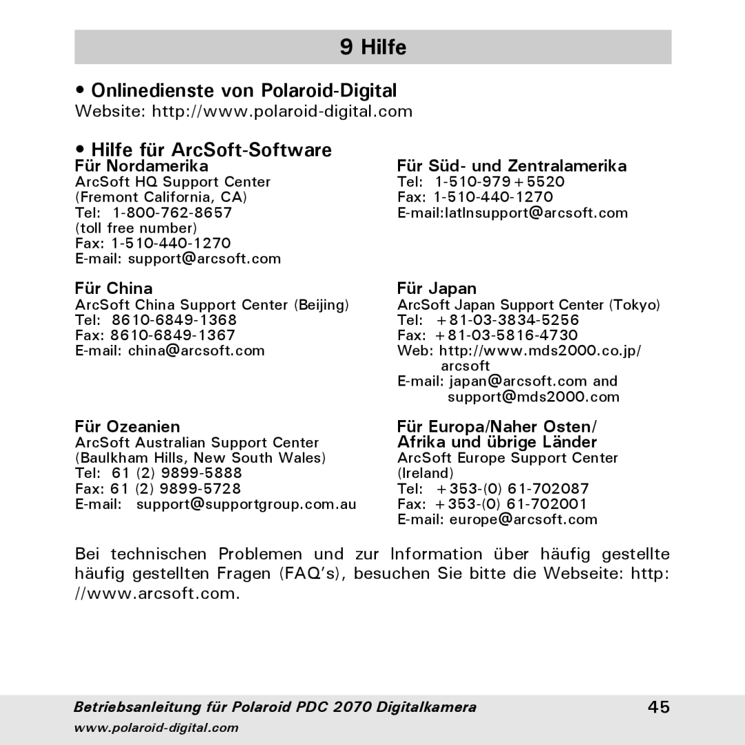 Polaroid PDC 2070 manual Hilfe für ArcSoft-Software, Für Nordamerika, Für China Für Japan 