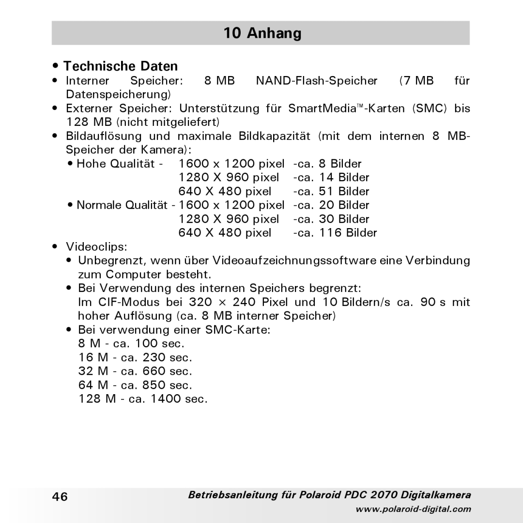 Polaroid PDC 2070 manual Anhang, Technische Daten 