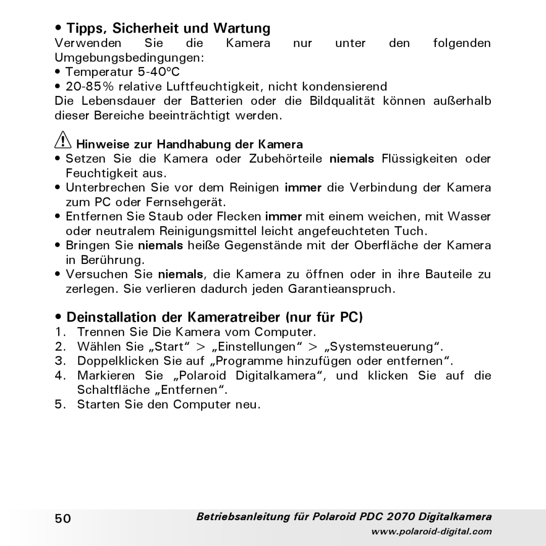 Polaroid PDC 2070 manual Tipps, Sicherheit und Wartung, Deinstallation der Kameratreiber nur für PC 