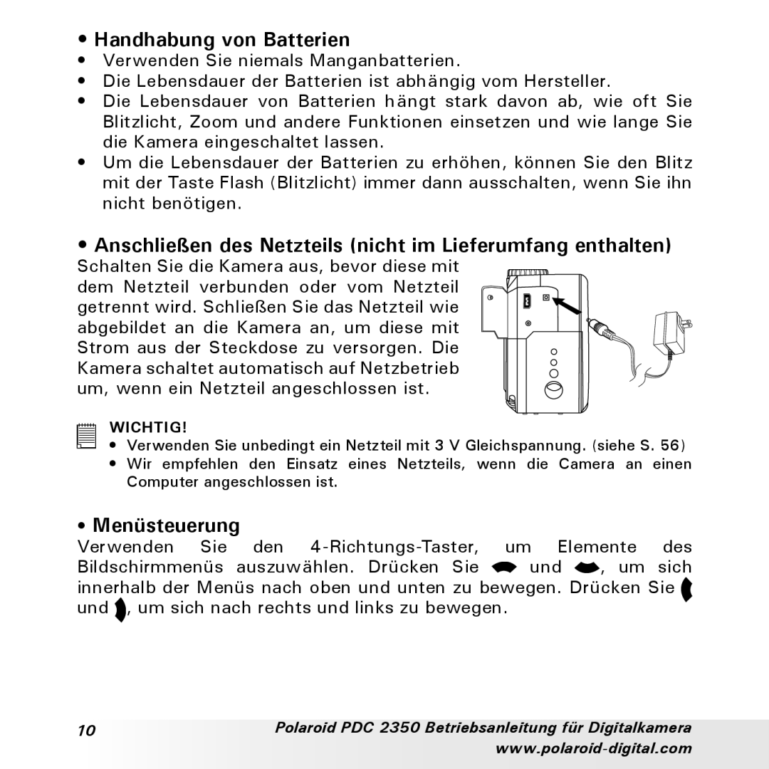 Polaroid PDC 2350 manual Handhabung von Batterien, Anschließen des Netzteils nicht im Lieferumfang enthalten, Menüsteuerung 