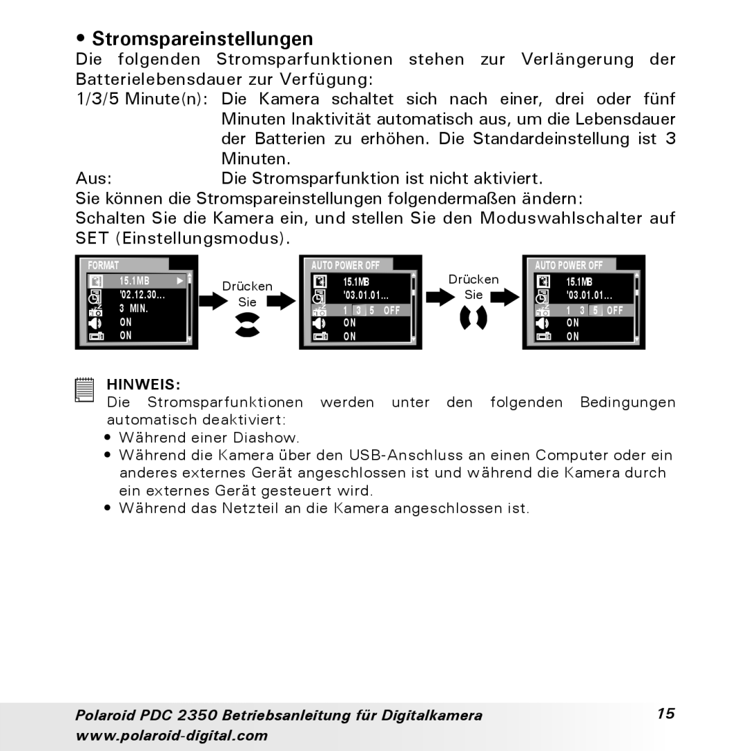 Polaroid PDC 2350 manual Stromspareinstellungen, Hinweis 