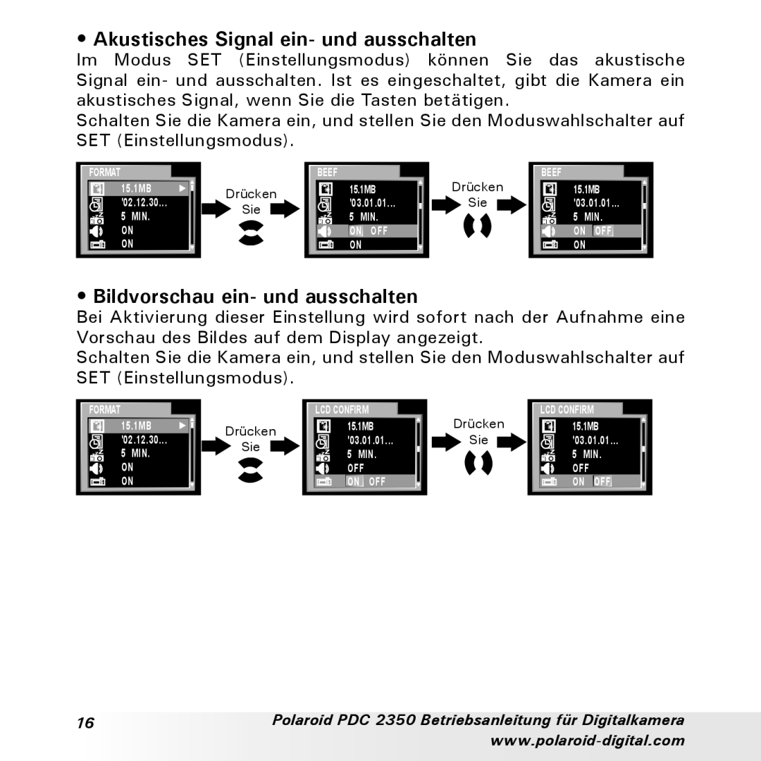 Polaroid PDC 2350 manual Akustisches Signal ein- und ausschalten, Bildvorschau ein- und ausschalten 