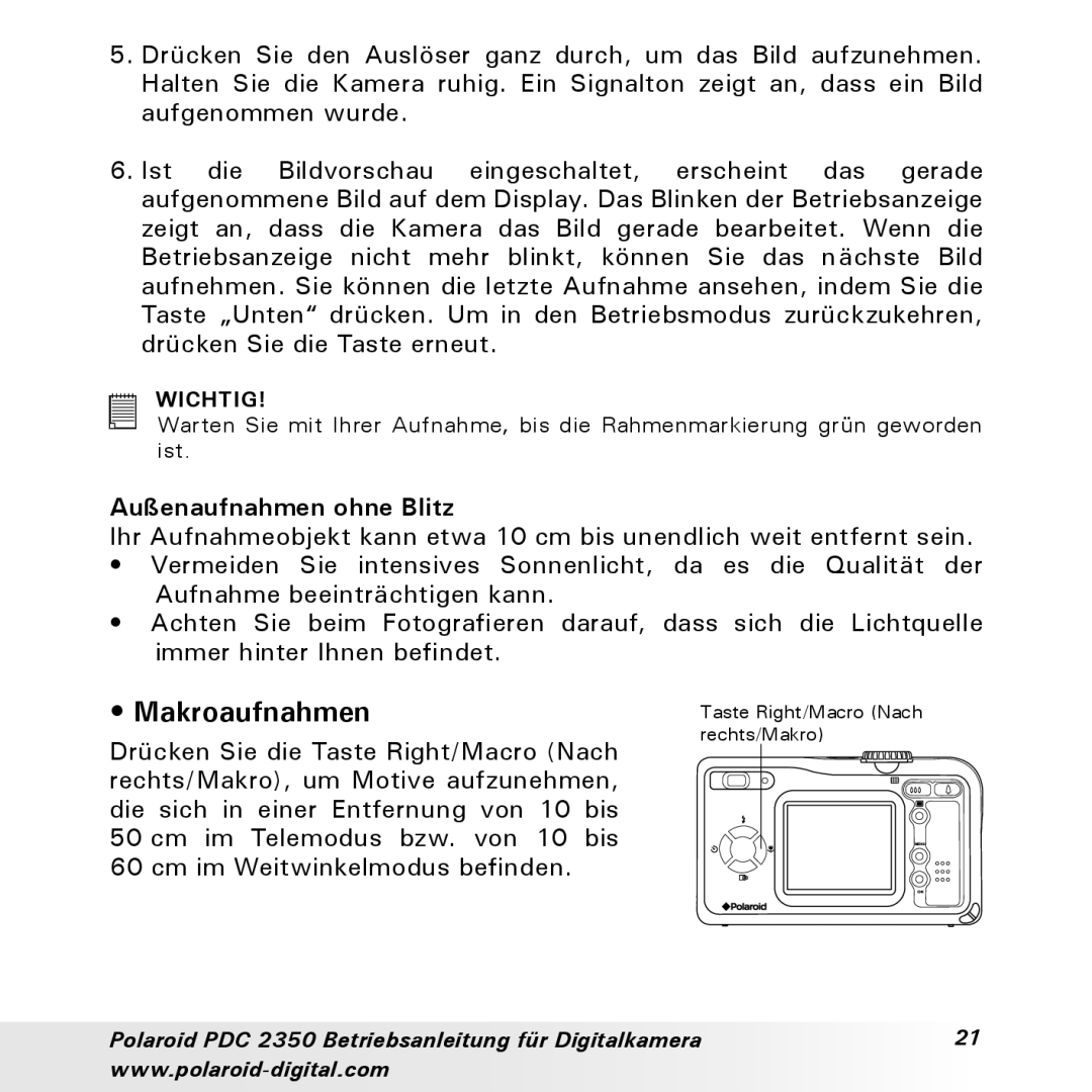 Polaroid PDC 2350 manual Makroaufnahmen, Außenaufnahmen ohne Blitz 