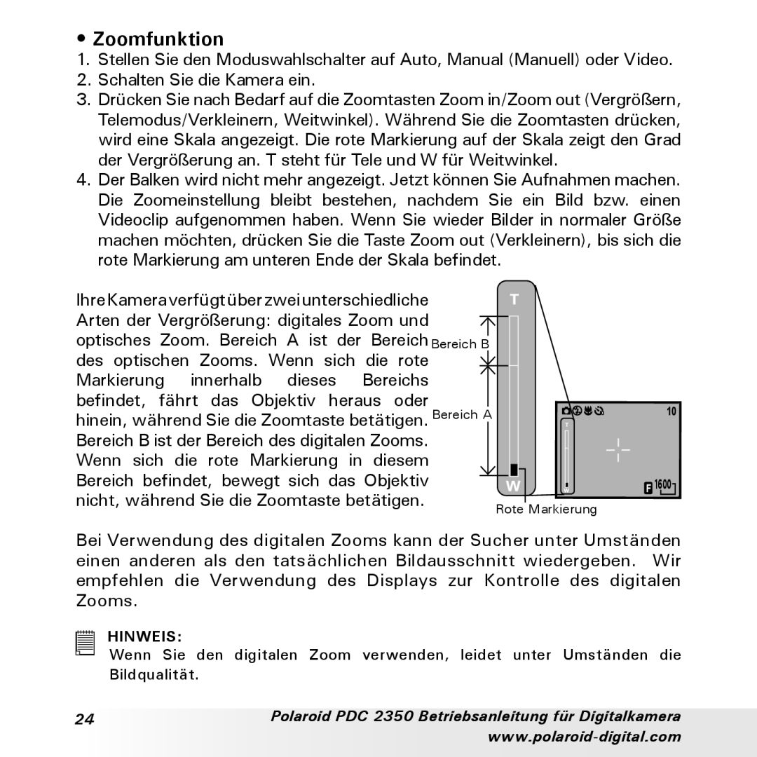 Polaroid PDC 2350 manual Zoomfunktion 