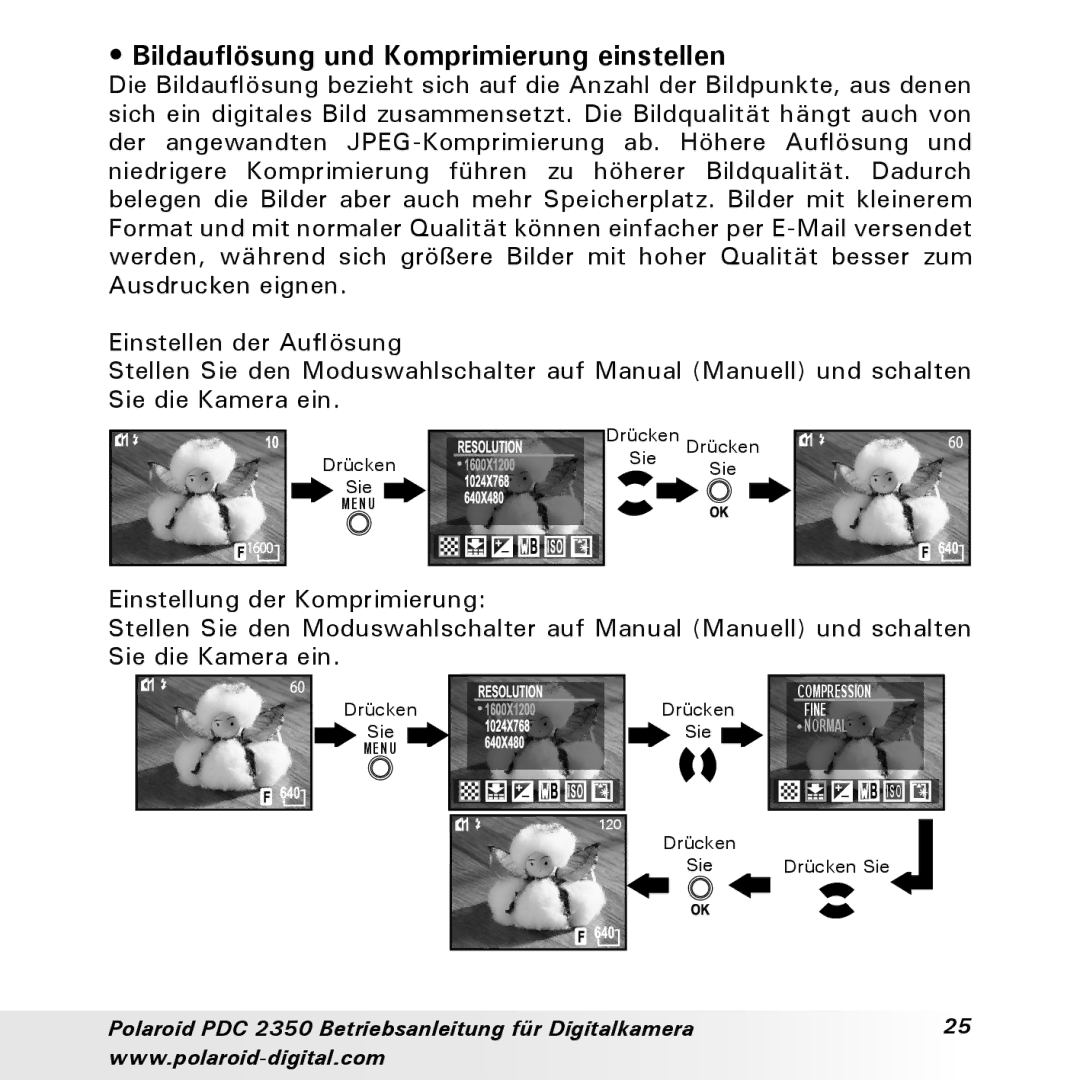 Polaroid PDC 2350 manual Bildauflösung und Komprimierung einstellen 