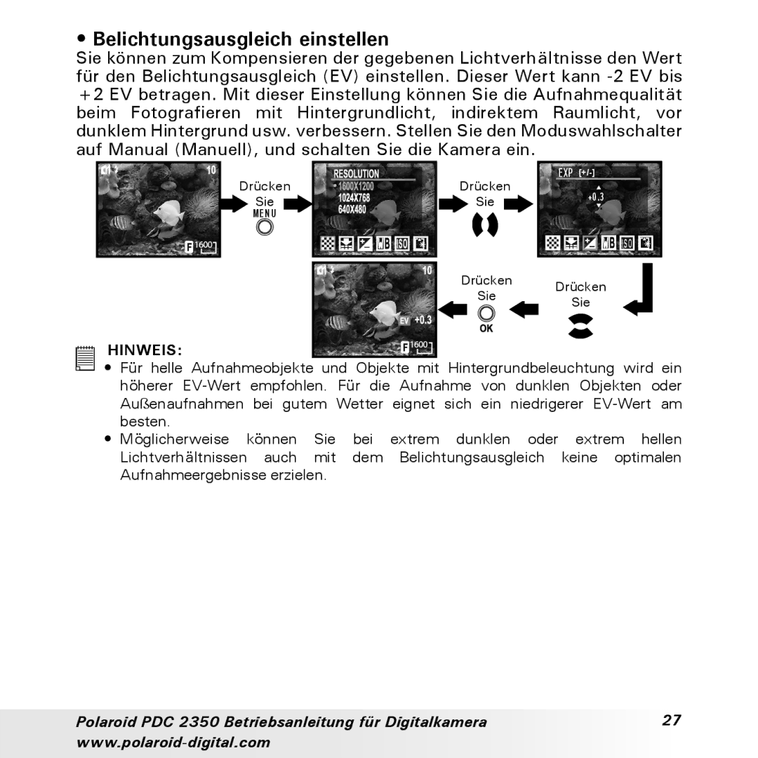 Polaroid PDC 2350 manual Belichtungsausgleich einstellen 