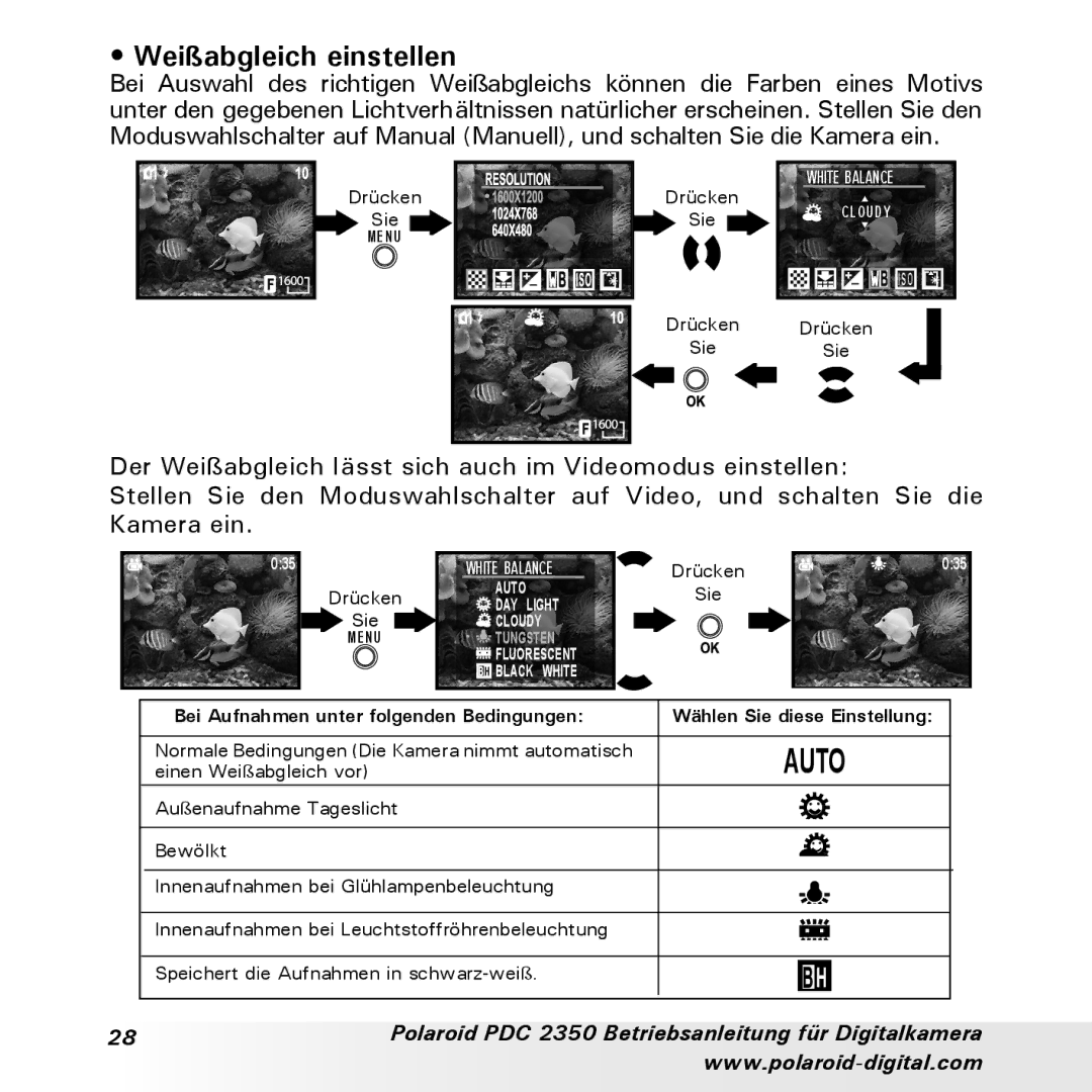 Polaroid PDC 2350 manual Auto, Weißabgleich einstellen 