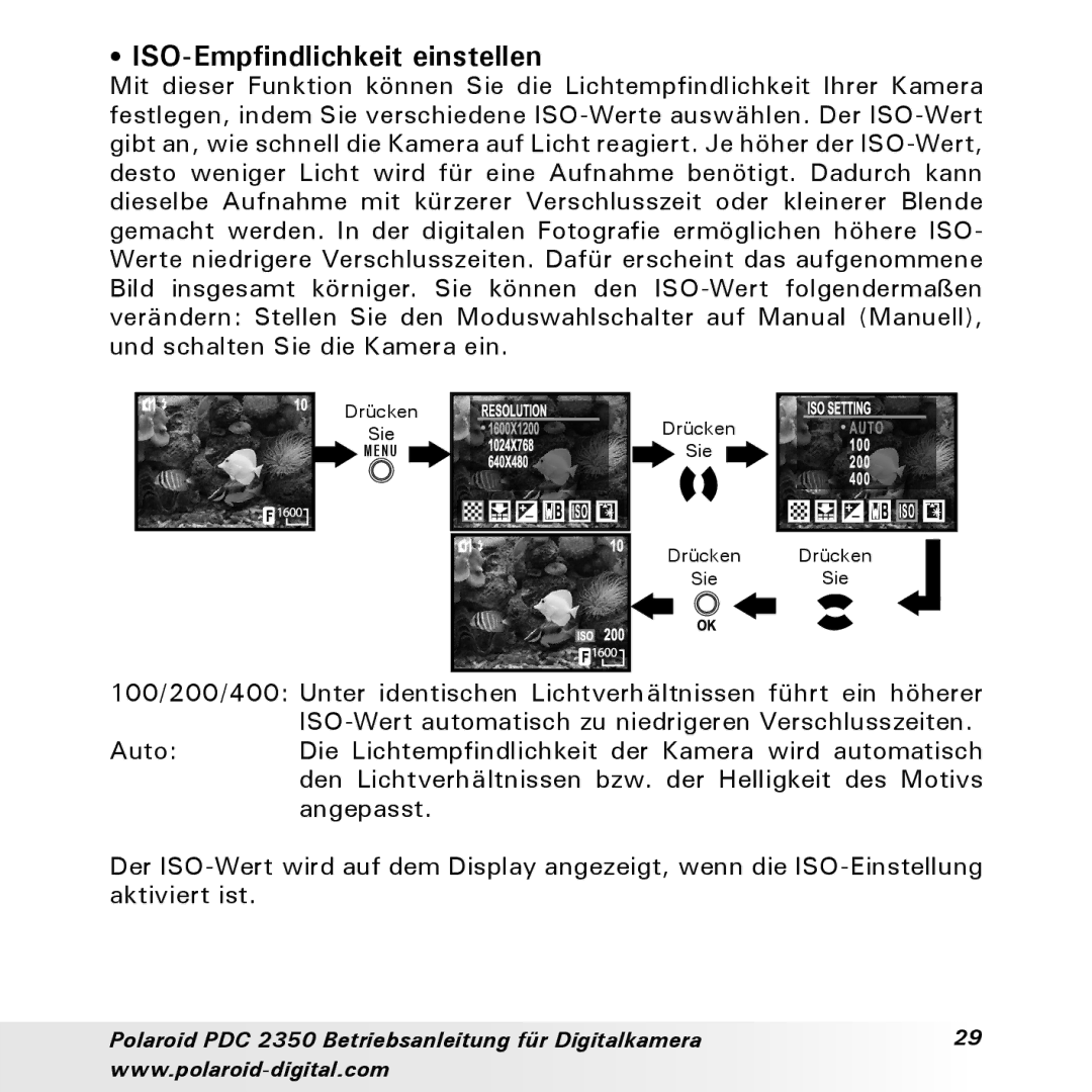 Polaroid PDC 2350 manual ISO-Empfindlichkeit einstellen 