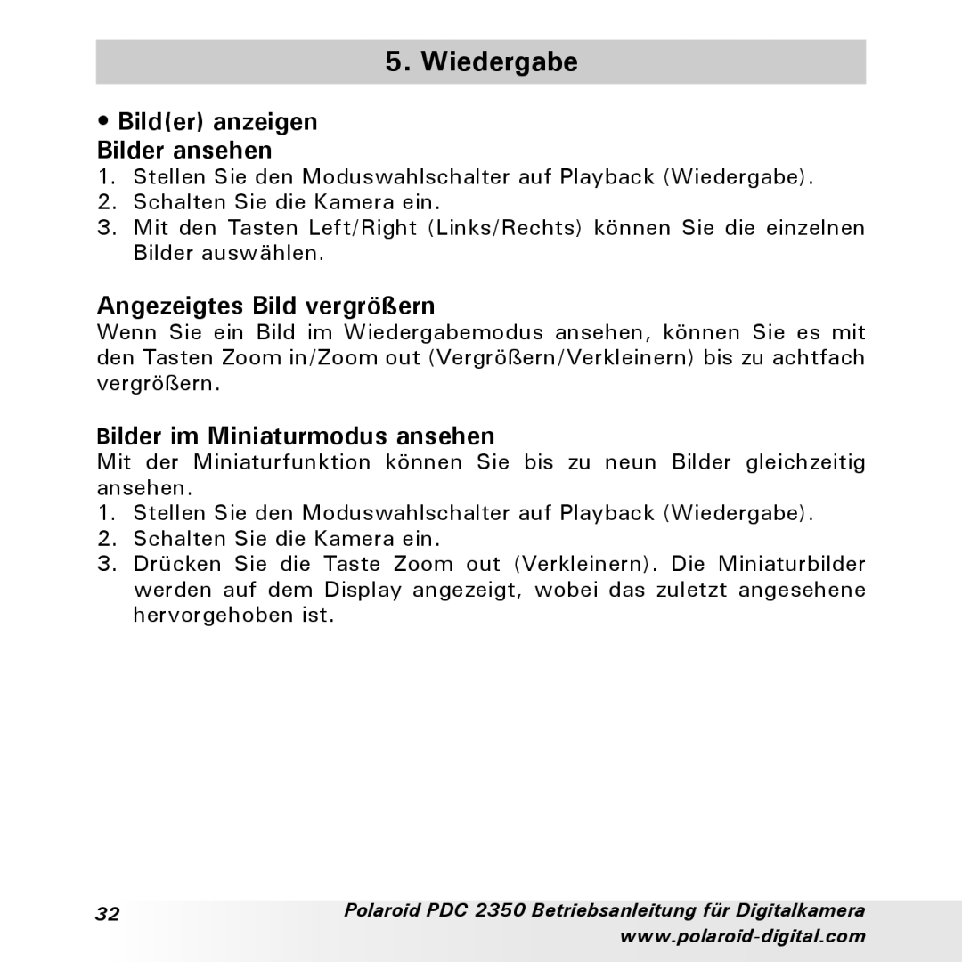 Polaroid PDC 2350 Wiedergabe, Bilder anzeigen Bilder ansehen, Angezeigtes Bild vergrößern, Bilder im Miniaturmodus ansehen 