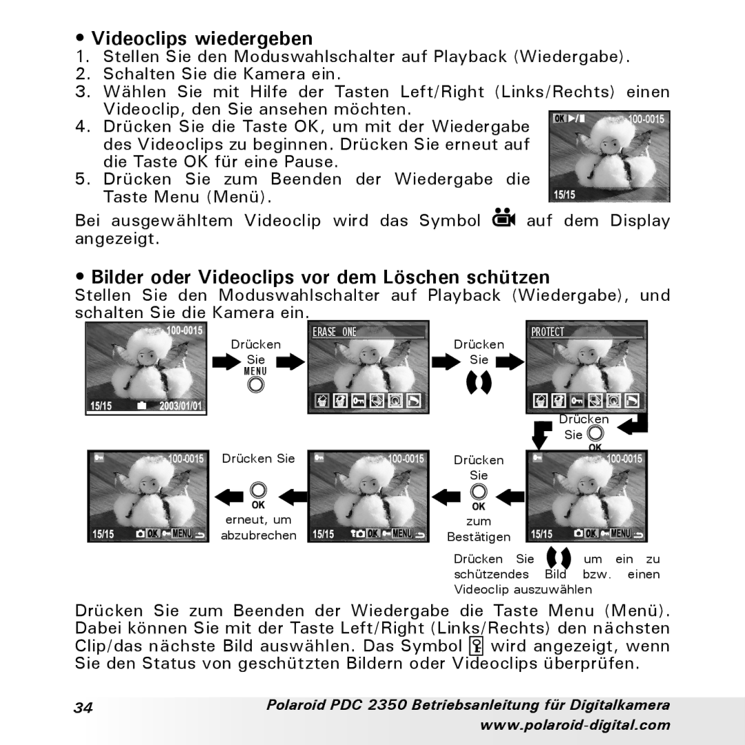 Polaroid PDC 2350 manual Videoclips wiedergeben, Bilder oder Videoclips vor dem Löschen schützen 