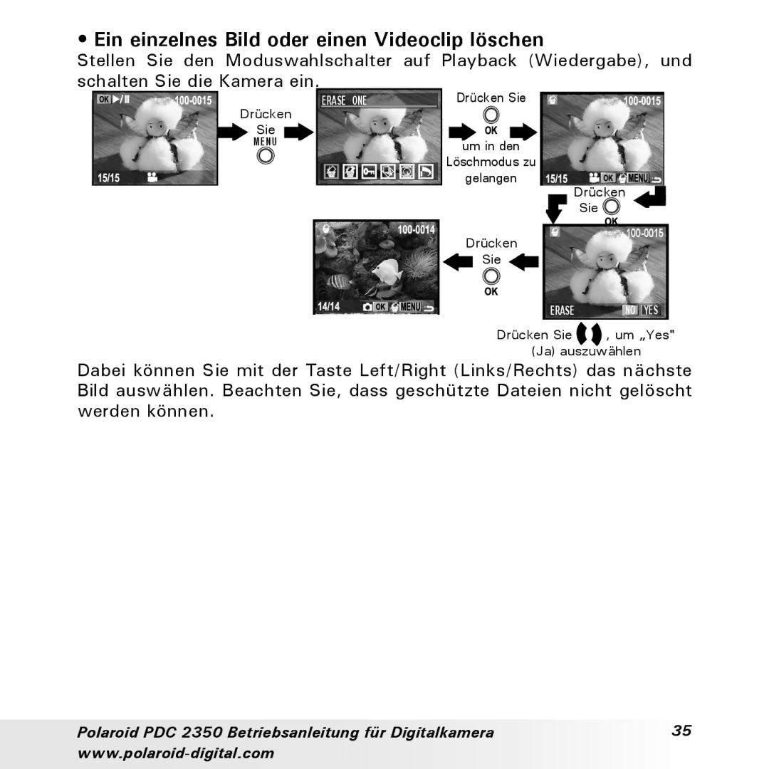 Polaroid PDC 2350 manual Ein einzelnes Bild oder einen Videoclip löschen 