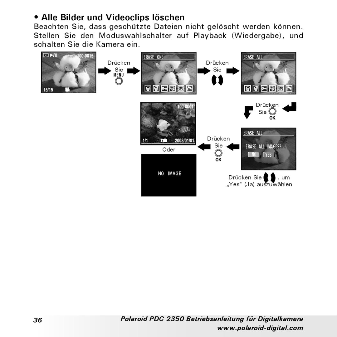 Polaroid PDC 2350 manual Alle Bilder und Videoclips löschen 
