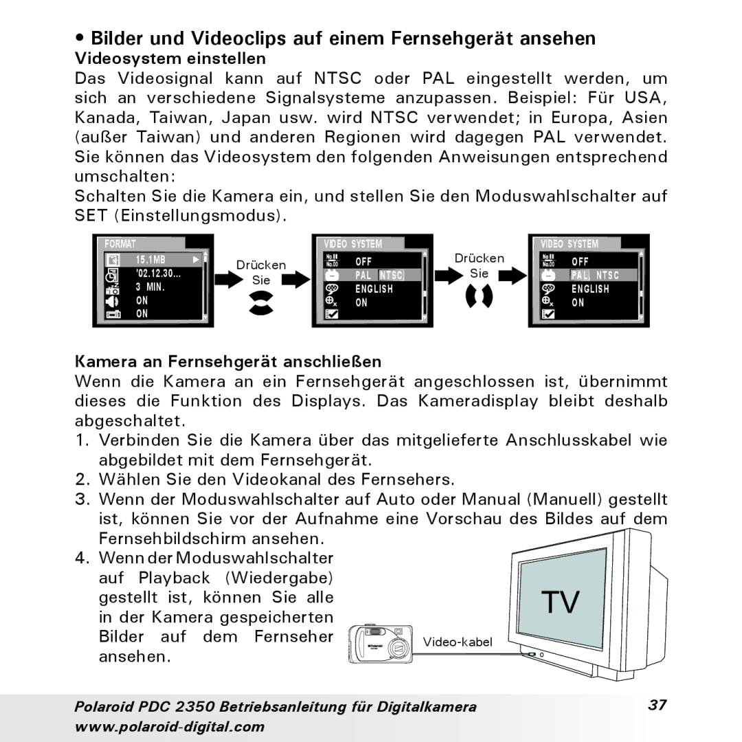 Polaroid PDC 2350 manual Bilder und Videoclips auf einem Fernsehgerät ansehen, Videosystem einstellen 