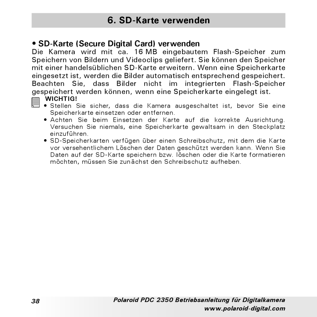 Polaroid PDC 2350 manual SD-Karte verwenden, SD-Karte Secure Digital Card verwenden 