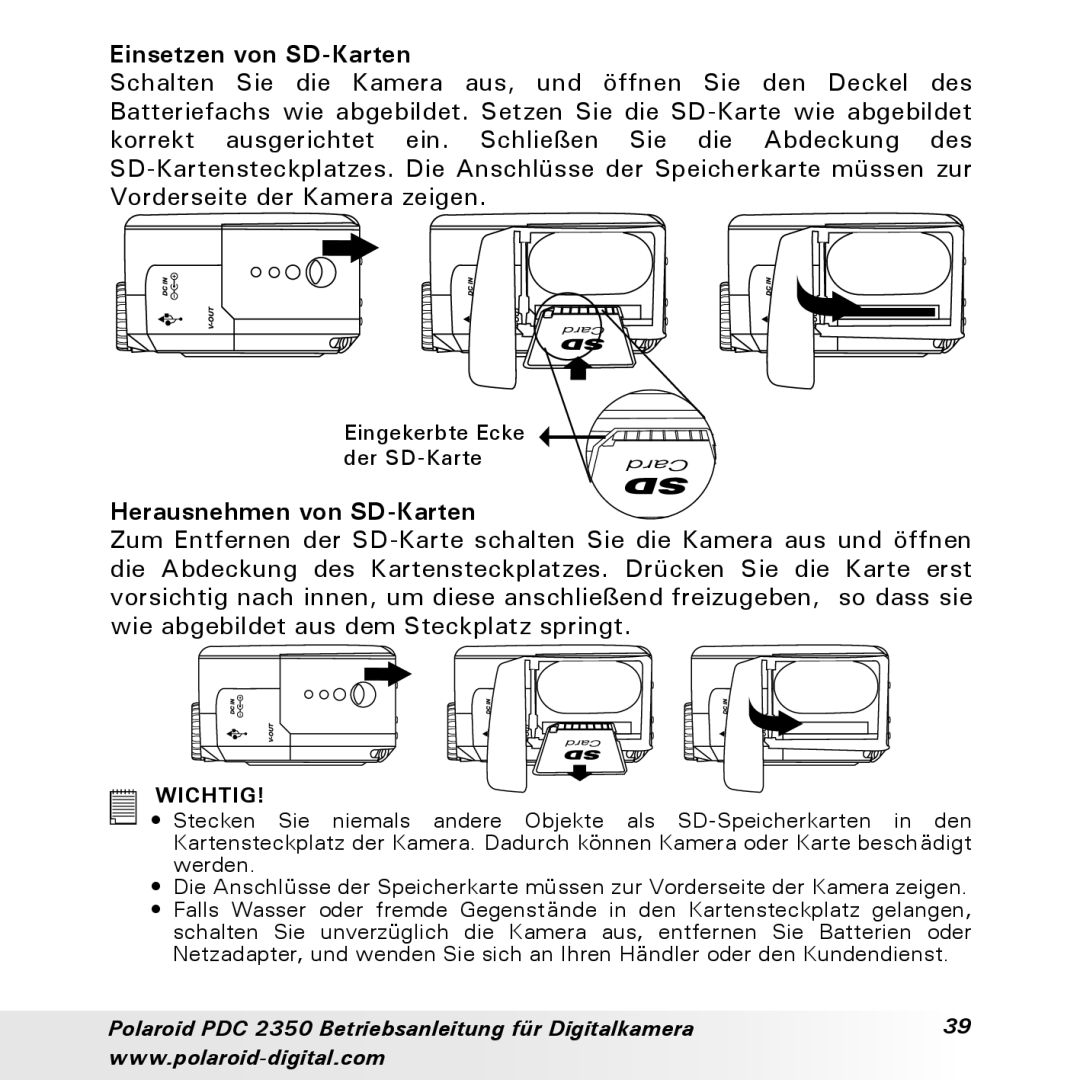 Polaroid PDC 2350 manual Einsetzen von SD-Karten, Herausnehmen von SD-Karten 